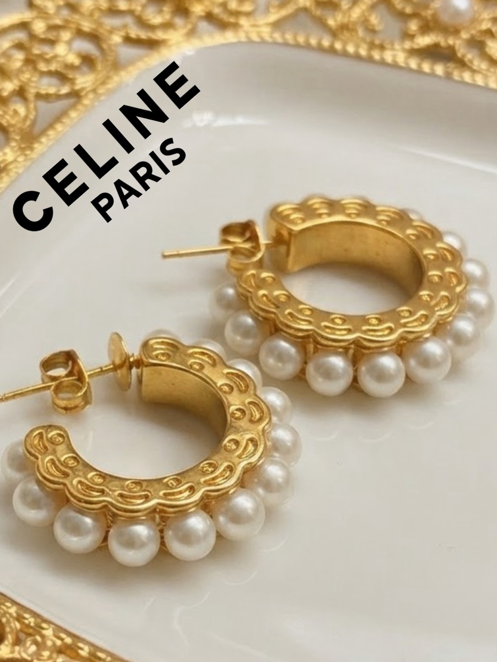 CELINE PARIS PEARL Petite HOOP EARRINGS✨unique accent design✨Gold Tone / Post
